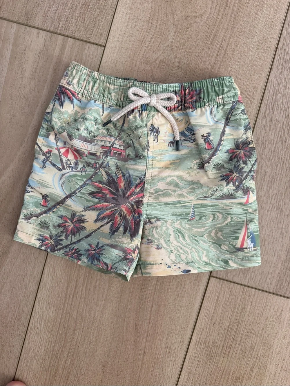 Ralph Lauren Boys Tropical Print Swim Trunks in Mint, Red & Navy